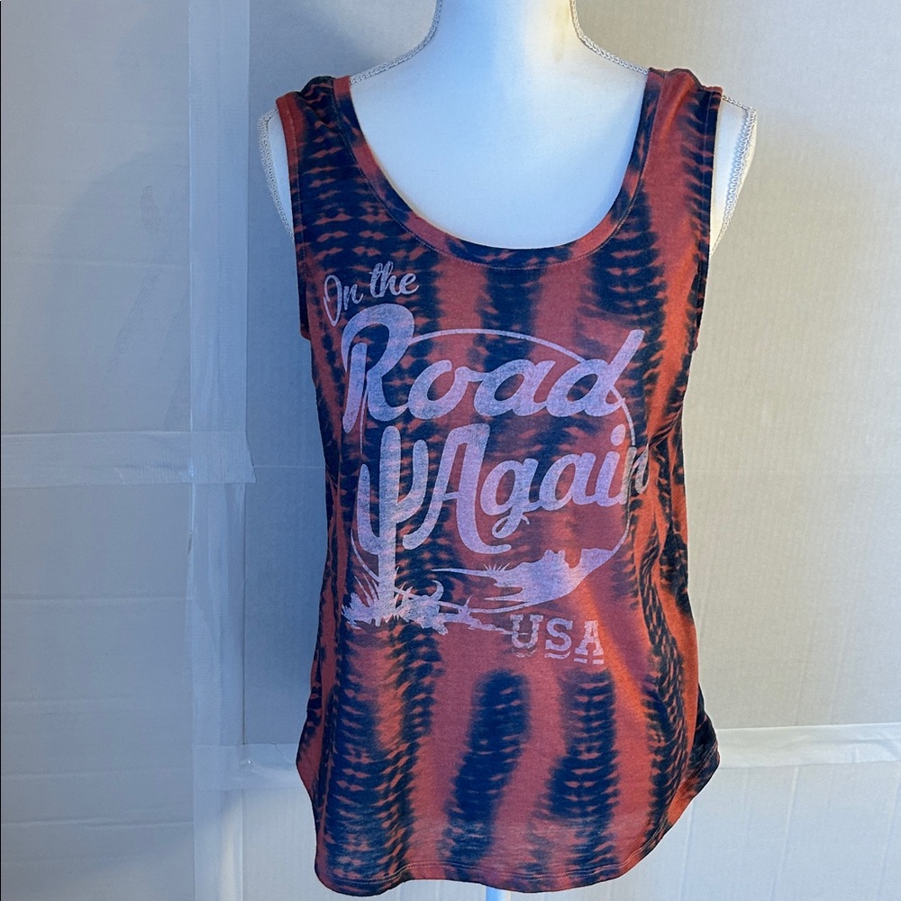 Maurice’s Womens Red/Blue Tie Dye “ On the Road Again USA” Tank Sz L